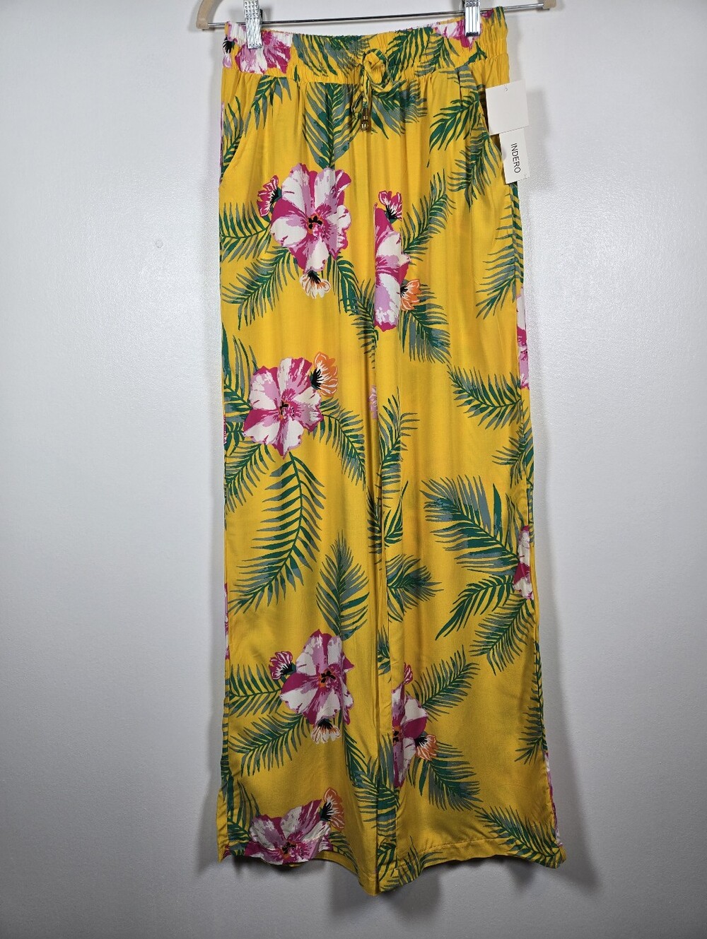 NEW Indero Yellow Tropical Floral Wide Leg Flowy Elastic Waist Pants Size Medium